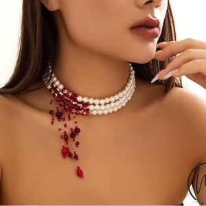 Vampire Bite Blood Pearl Choker Necklace Halloween Gothic Jewelry